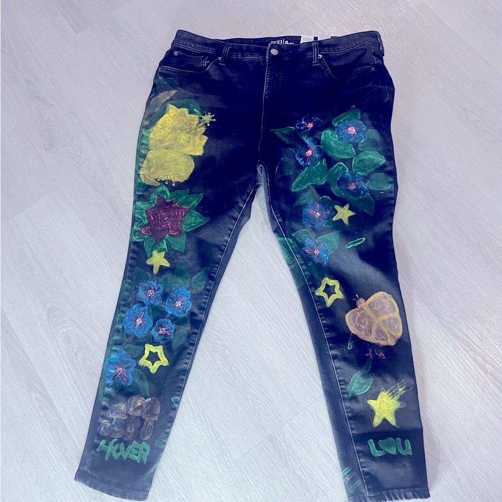 Plus Size Colorful Hand-Painted Black Jeans